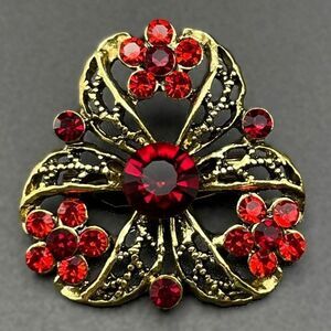 Yellow Gold with Ruby Red and Garnet Red Crystal Flower Pin Back Brooch